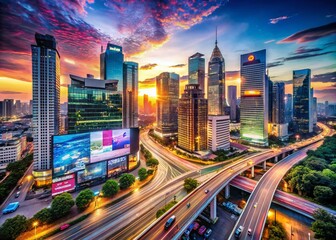 Obraz premium Panoramic View of a Modern Cityscape Highlighting Technology and Innovation, Featuring Skyscrapers, Digital Displays, and Urban Life in a Dynamic Environment