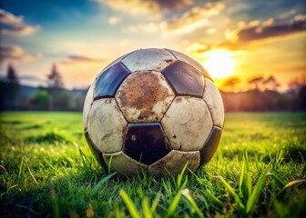 Fototapeta premium Panoramic View of an Old Worn-out Soccer Ball with Faded Black and White Panels on a Grass Field, Evoking Nostalgia for Past Games and Memories of Childhood Play