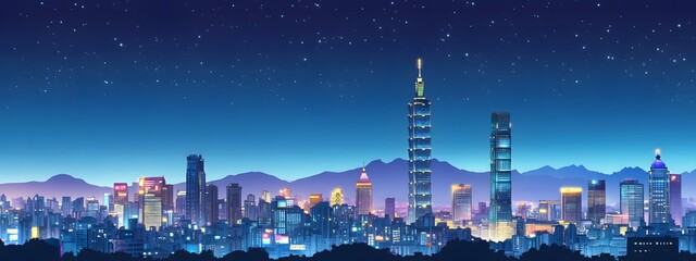 Obraz premium A vibrant illustration of the night view of Taiwan's skyline, including the incredibly tall buildings that soar over the mountains and sea