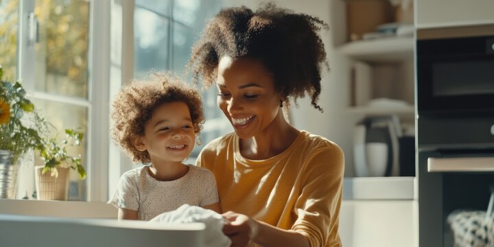 A joyful moment between a mother and child. They are sharing smiles and love in a bright kitchen. This image captures a warm, inviting family atmosphere. Perfect for family and parenting themes. AI