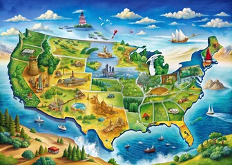 Panoramic View of a USA Map Highlighting Major Cities with Geographic Features, Including Landmarks, Roads, and Natural Beauty for Educational or Travel Purposes