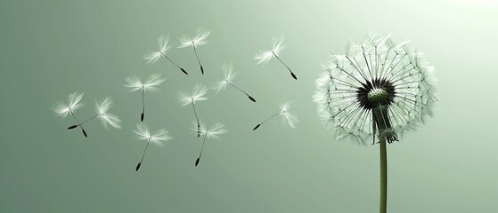Dandelion Time vector illustration dark The wind-blown dandelions' seeds On a pale green backdrop&nbsp;the breeze causes a dandelions to swell, Generative AI.