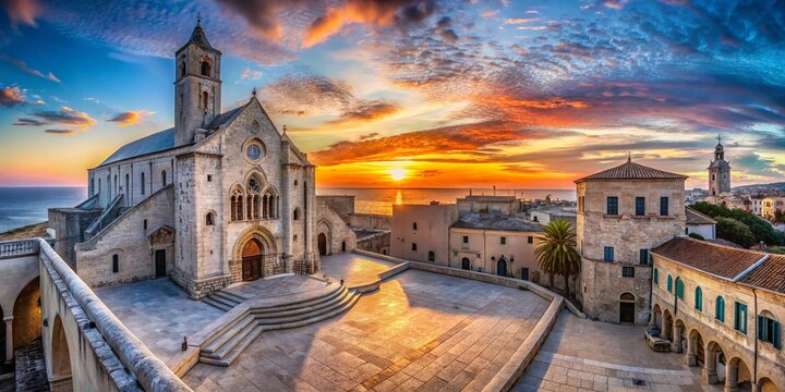 Panoramic View of Basilica San Nicola at Sunrise with Vibrant Colors and Architectural Details Showcasing Historical Significance and Cultural Heritage in Bari, Italy