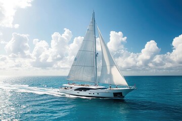 A sailboat sailing on calm waters of the open ocean, ideal for a serene and peaceful scene