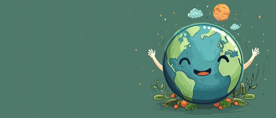 A joyful and smiling illustration of the planet Earth is set against a tidy green background and text area or backdrop use, Generative AI.