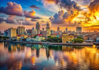 Fototapeta premium Panoramic View of Macua's Skyline at Sunset with Colorful Skyscrapers, Historic Architecture, and Serene Waters, Capturing the Unique Blend of Culture and Modernity in Stunning Detail
