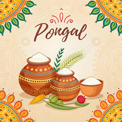 Fototapeta premium A vibrant yellow background for Happy Pongal festival captures traditional elements like kolams