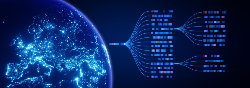 AI-driven data technology in a global network: illustration of big data, analytics, workflow and automation, showcasing a large language model transforming data stream with innovation and precision.
