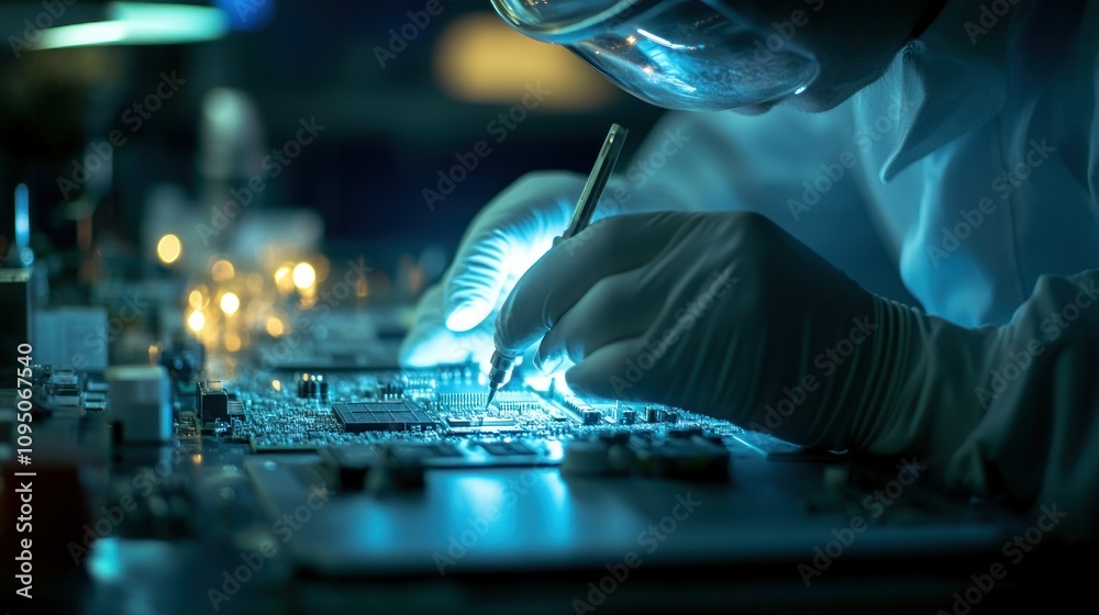 Poster technician working on circuit board in gloved hands