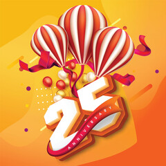 Colorful 25th anniversary design with striped balloons, festive ribbons, and vibrant balloons against a bright orange-yellow background, celebrating a joyful milestone.