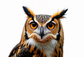Naklejka premium Majestic owl with bright orange eyes suitable for nature related designs, wildlife articles, Halloween graphics, and mystical themed concepts.
