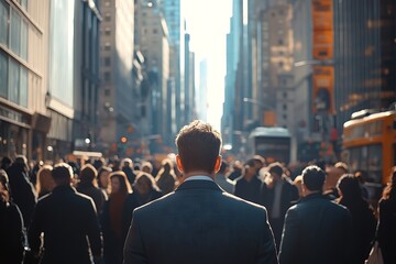 Obraz premium Dark-Haired Man Walking Sunlit City Street
