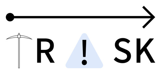 Pickaxe next to the word RISK formed by letters and exclamation mark in triangle. Ideal for risk assessment, financial analysis, project management, hazard identification, safety training, decision
