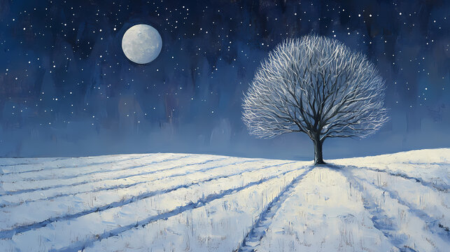 Tree snowy field cover mellow soft cast sky strewn stars white blue frostbite star conquering imbalance pale skinned moonlit backdrop. Pale Moonlit Fields. Illustration