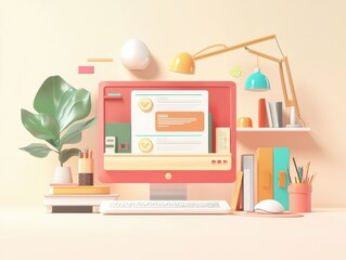 A colorful workspace featuring a computer, plant, and decorative items, creating a vibrant and inviting atmosphere for productivity.
