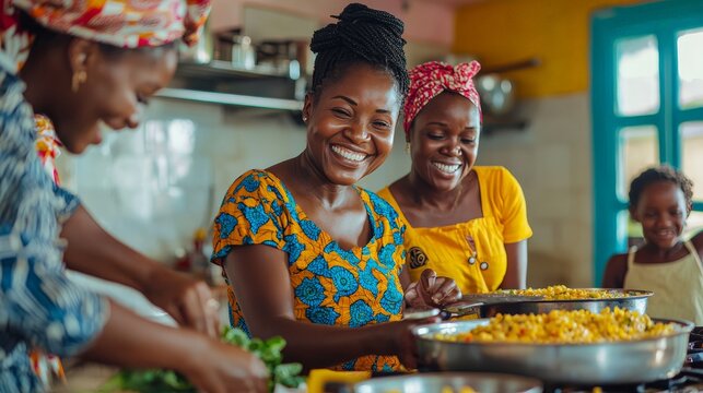 African family preparing a traditional meal together in a bright, colorful kitchen,