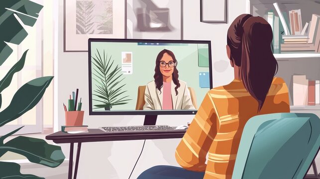 A person is engaging in a virtual consultation with a professional on a computer screen in a cozy, modern workspace.