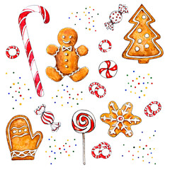 Set of Christmas candies and gingerbread cookies using sketch technique	
