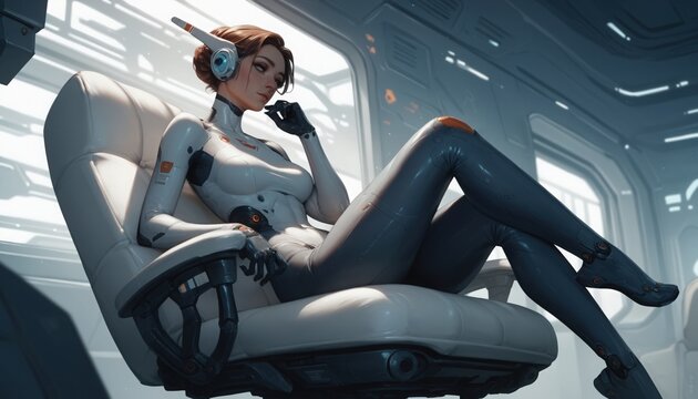 Futuristic robotic being ponders life in sleek, modern environment during a quiet moment of reflection and contemplation