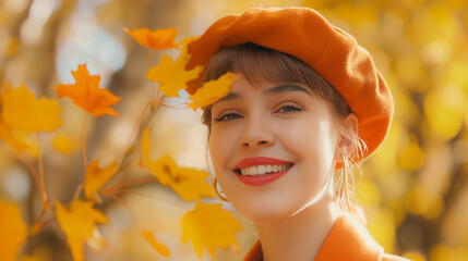 Autumn color style outfit, portrait of beautiful smiling young woman with yellow maple leaves wearing orange french beret hat, jacket