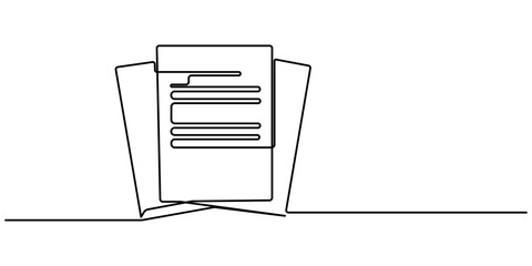 One continuous line vector drawing of a folder. Outline documents background icon. Saving securities vector icon. Vector illustration. Clipboard with checklist. Continuous line one drawing. Simple 