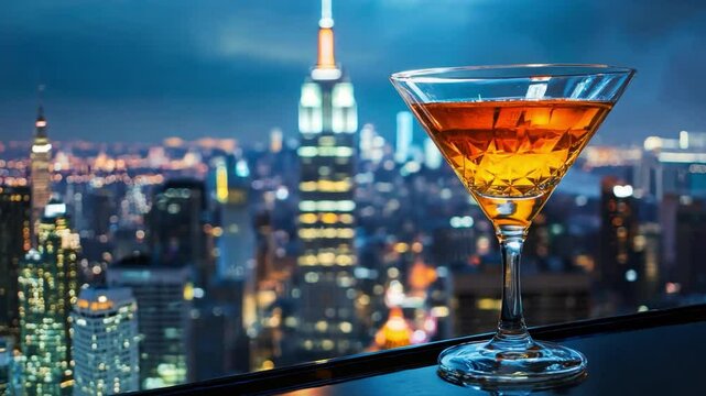 A cocktail rests on a ledge, the NYC skyline glimmering at night with the Empire State Building aglow