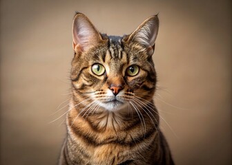 Obraz premium Portrait of a Lonely Handsome Tabby Cat in a Minimalist Style, Capturing the Essence of Solitude and Elegance with a Soft Focus on Its Striking Features and Unique Patterns