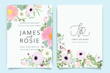 Summer Flower Wedding Invitation Set, Floral Invite Thank You, RSVP Modern Card Design in Pink Peony and White Floral with Leaf Greenery Branches Decorative Vector Elegant Rustic Template