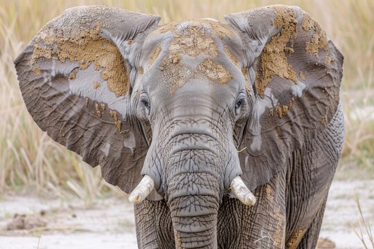 A close-up shot of an elephant with mud covering its facial features