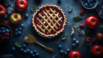 A luxurious flat lay of apples, blueberries, pie crust, and lattice cutters on a dark slate surface, highlighted by golden utensils and vibrant fruit, with dramatic side lighting adding depth,