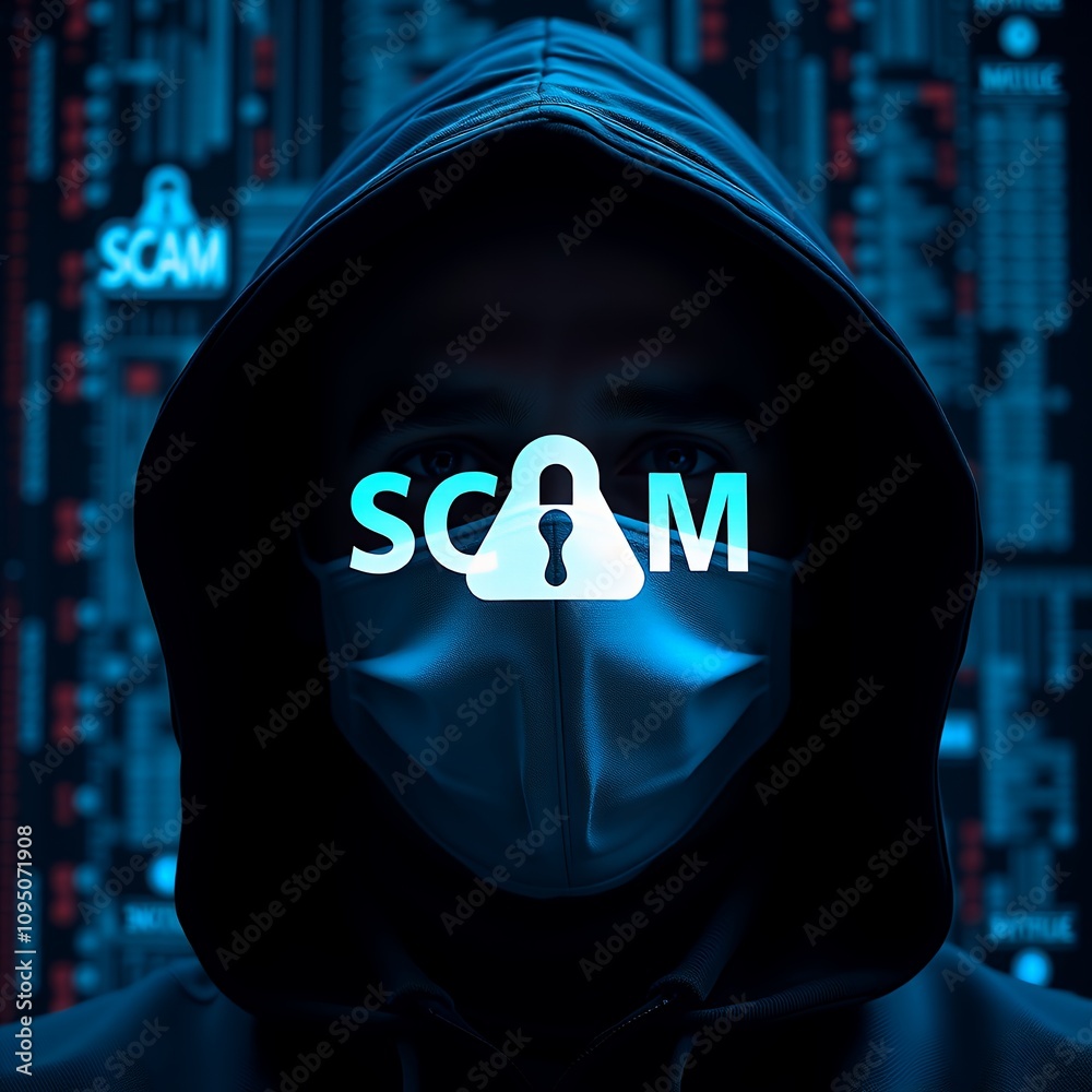 Poster comprehensive visual representation of cyber security concepts involving scam alerts and hacked emer