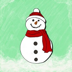 Hand drawn illustration of snowman character wearing red Santa hat and red scarf on green background with ice pattern