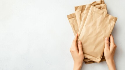 Fototapeta premium Hands holding several brown paper envelopes on a light surface, suggesting packaging, mailing, or organization.