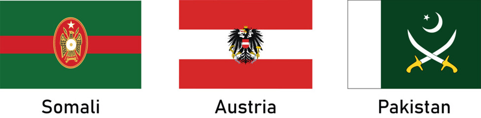 Army flags in the Somali, Austria and Pakistan vector illustration.