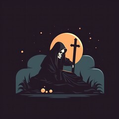 Dark Hooded Grim Reaper Illustration – Minimalist Flat Design