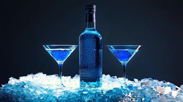 Refreshing blue cocktails in elegant glasses surrounded by ice with a striking blue bottle