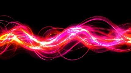 Naklejka premium A series of symmetrical pink and yellow glowing lines on a black background, creating an abstract digital art 