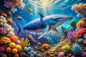 Fototapeta premium Realistic Watercolor Blue Whale Illustration: Stunning Underwater Animal Art Capturing the Beauty of Sea Life and Ocean Biology in a Vibrant Ocean Setting