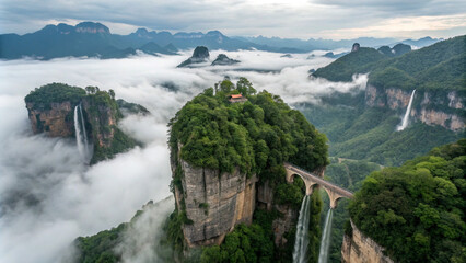 Lush green island floating in a sea of clouds.