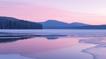 Fototapeta premium Frozen lake reflecting a pink winter sunrise, snow covered mountains in the distance