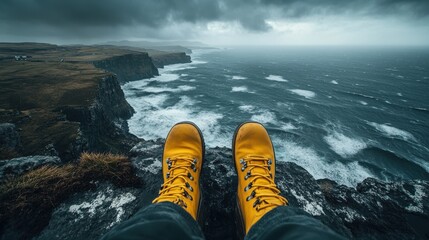 Bright yellow boots are positioned at the cliff's edge, providing a stark contrast against dark, turbulent waves below. The skies are overcast with ominous clouds, enhancing the dramatic view.