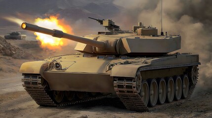 tank firing its main gun, with a bright muzzle flash and smoke billowing out, set against a rugged landscape. Copy space on the left. 