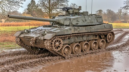 Fototapeta premium tank navigating through a muddy field, with tracks leaving deep ruts and the vehicle covered in mud. Copy space on the top. 