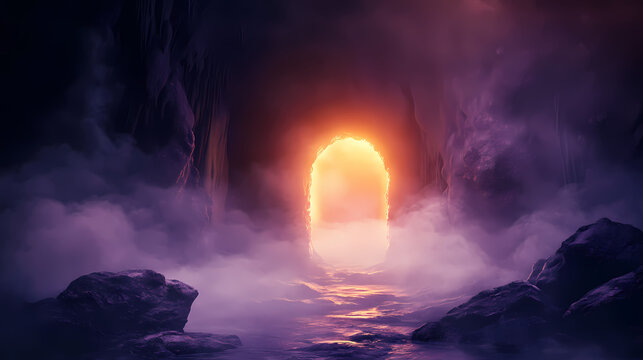 Dark mystical cave with glowing portals and fog, creating an eerie and magical atmosphere in a fantasy setting. Dark Abyss Portal. Illustration