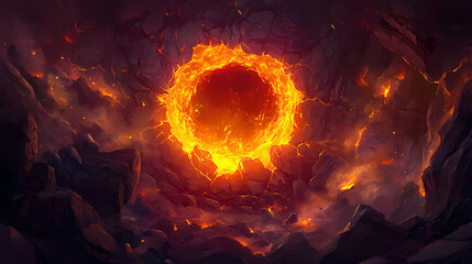 An intense glowing portal of fire, emanating warmth and light, surrounded by dark rocky terrain, evoking mystery and danger. Dark Abyss Portal. Illustration