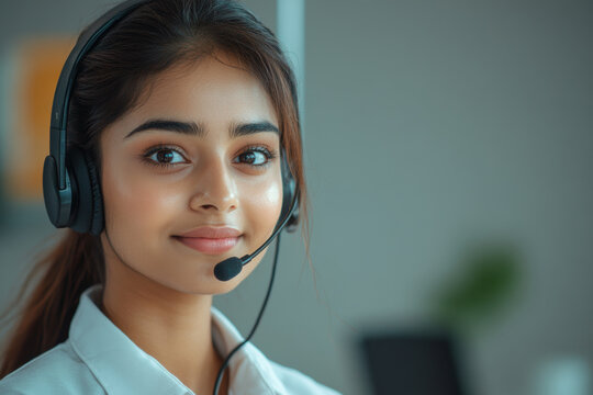 customer support service, indian customer service representative in a professional office, shown wearing a headset, with a plain background for text