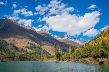 snow mountains,blue waters, seabuckthorn fir and sunshine of the outdoor natural landscape forest in sigucuo scenic spot of Siguniang mountain in Aba Prefecture, Sichuan
