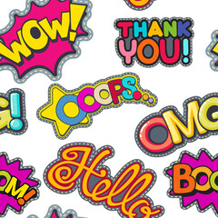 Patches seamless pattern. Colorful hippie fabric labels