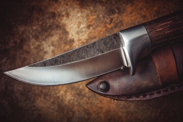 A close-up view of a knife with a leather sheath