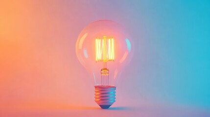 A glowing light bulb emits warm colors against a gradient background.